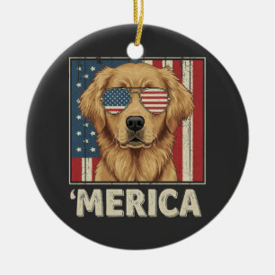 Vintage Golden Retriever 'Merica Flag Ceramic Ornament