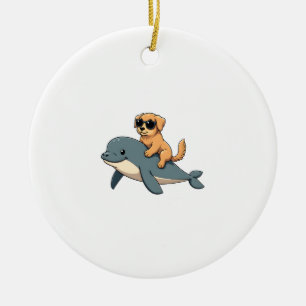 Vintage Golden Retriever Riding Beluga Whale Funny Ceramic Ornament