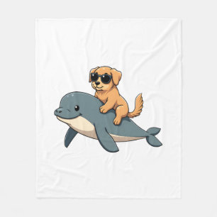 Vintage Golden Retriever Riding Beluga Whale Funny Fleece Blanket