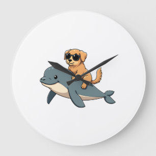 Vintage Golden Retriever Riding Beluga Whale Funny Large Clock