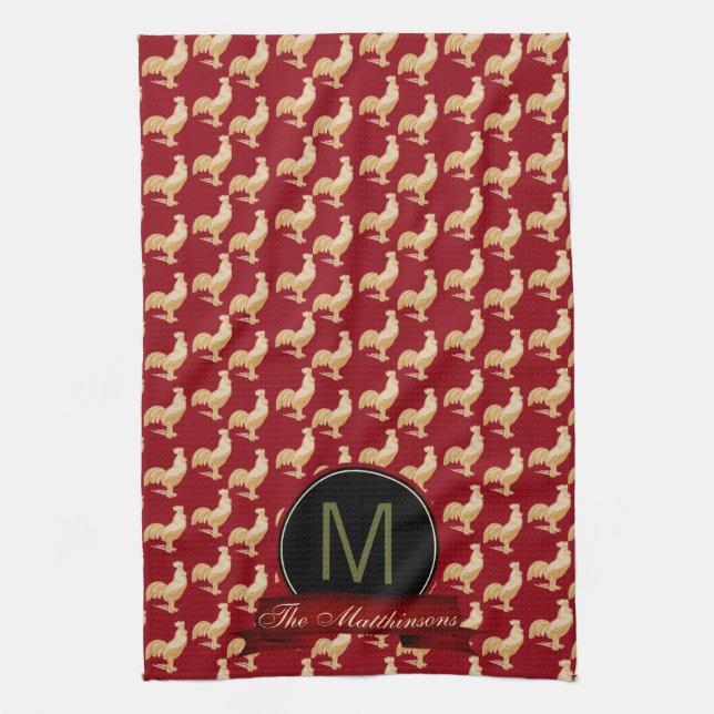 Vintage Golden Rooster Pattern Towel (Vertical)