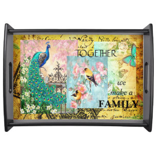 Vintage Golden Sparrow & Peacock Serving Tray