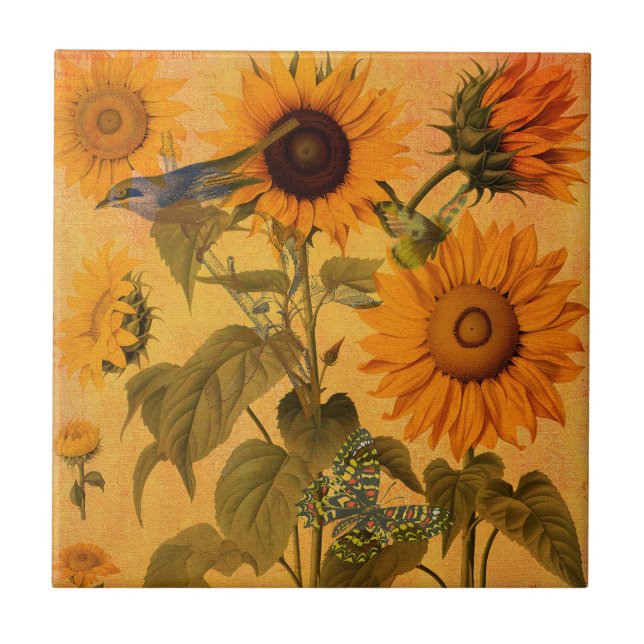Vintage Golden Sunflower Collage Ceramic Tile (Front)