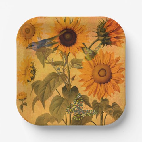 Vintage Golden Sunflower Collage Paper Plates