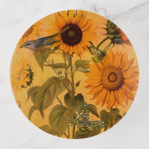 Vintage Golden Sunflower Collage Trinket Tray