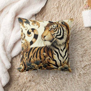 Vintage Golden Tiger Painting Throw Pillow