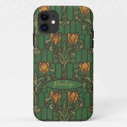 Vintage Golden Tulips Art Nouveau Floral and Name iPhone 11 Case
