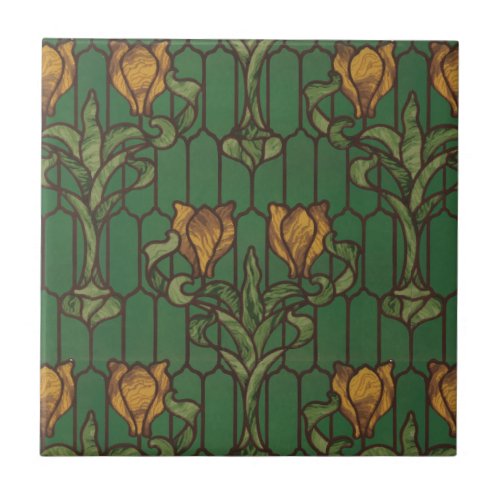 Vintage Golden Tulips Art Nouveau Floral Pattern Ceramic Tile