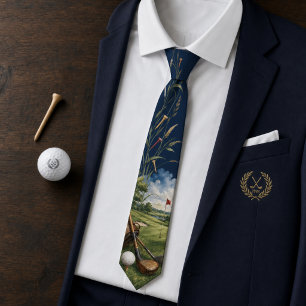 Vintage Golf Course & Clubs Navy Blue Men's Neck Tie