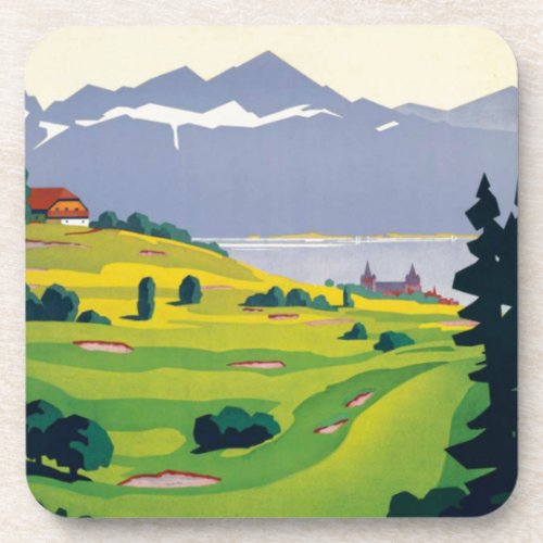Vintage Golf Lausanne City Lake Switzerland Beverage Coaster