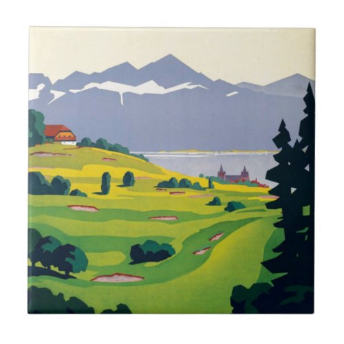 Vintage Golf Lausanne City Lake Switzerland Ceramic Tile