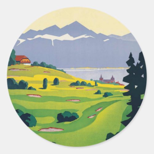 Vintage Golf Lausanne City Lake Switzerland Classic Round Sticker