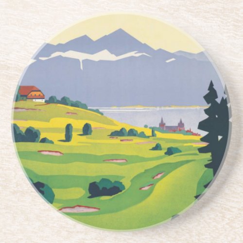 Vintage Golf Lausanne City Lake Switzerland Coaster