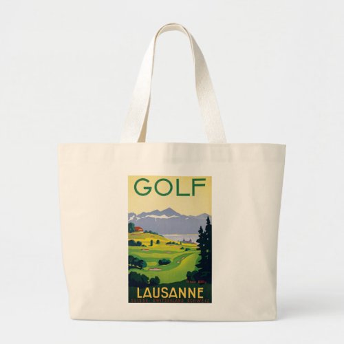 Vintage Golf Lausanne City Lake Switzerland Large Tote Bag