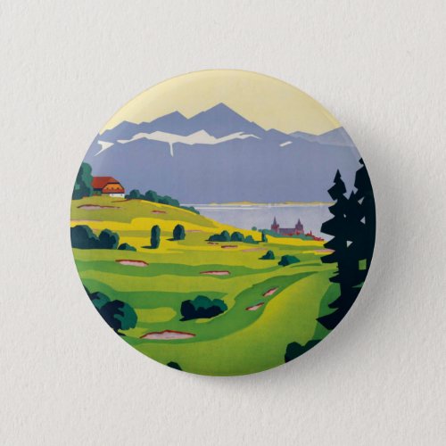 Vintage Golf Lausanne City Lake Switzerland Pinback Button