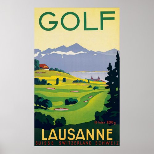 Vintage Golf Lausanne City Lake Switzerland Poster