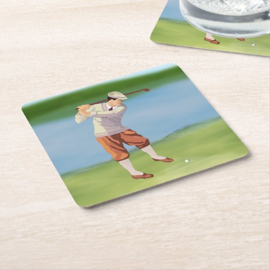 Vintage Golfer by the Riverbank Square Paper Coaster