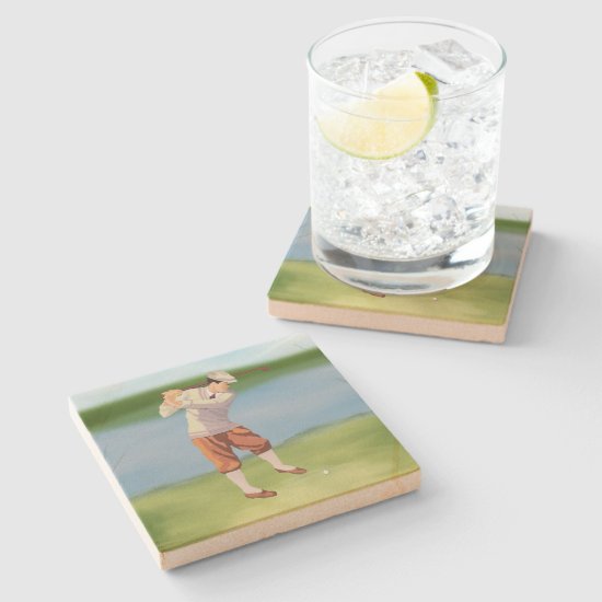 Vintage Golfer by the Riverbank Stone Coaster
