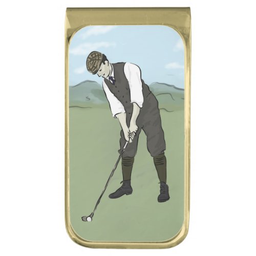 Vintage Golfer V1 Art Gold Finish Money Clip