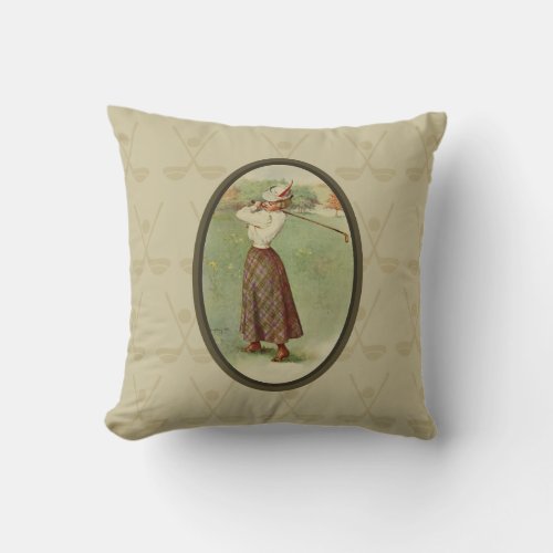 Vintage Golfing Lady Art three Throw Pillow