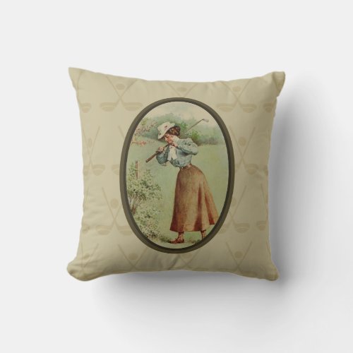 Vintage Golfing Lady Art Throw Pillow