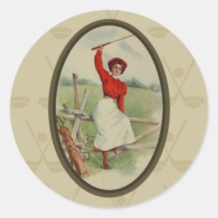 Vintage Golfing Lady Art (two) Classic Round Sticker