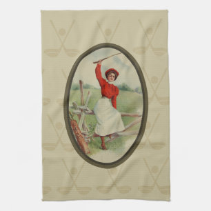 Vintage Golfing Lady Art (two) Kitchen Towel