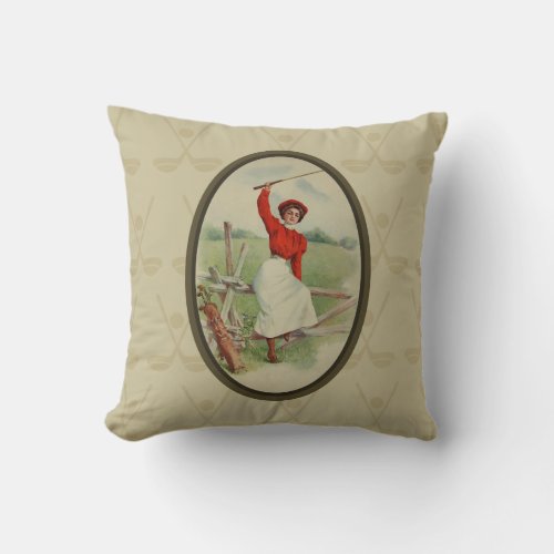 Vintage Golfing Lady Art two Throw Pillow