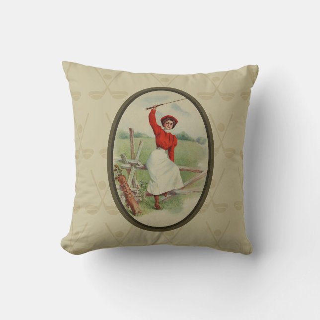 Vintage Golfing Lady Art (two) Throw Pillow (Front)