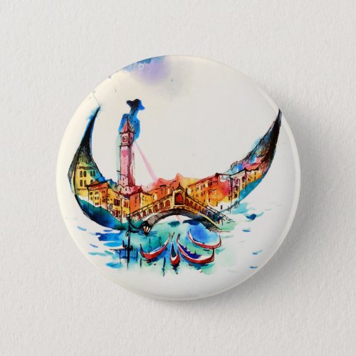 Vintage Gondola Venice City Travel Love Watercolor Button