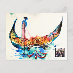 Vintage Gondola Venice City Travel Love Watercolor Holiday Postcard