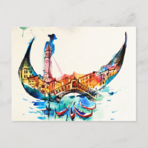 Vintage Gondola Venice City Travel Love Watercolor Holiday Postcard