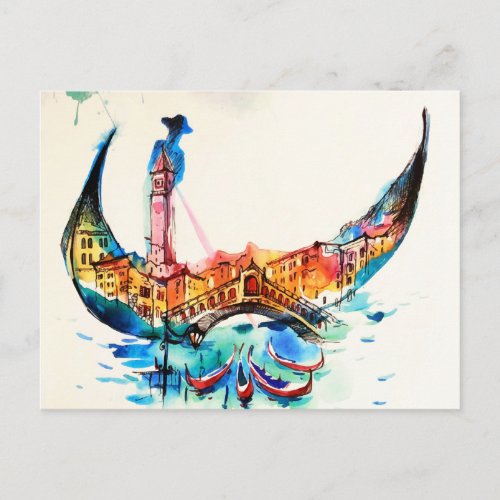Vintage Gondola Venice City Travel Love Watercolor Postcard