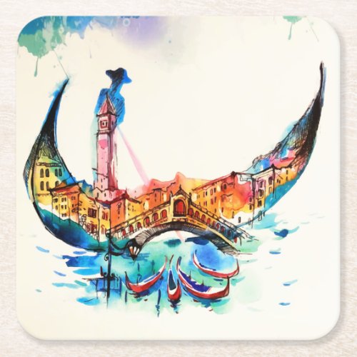 Vintage Gondola Venice City Travel Love Watercolor Square Paper Coaster