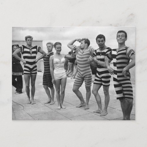Vintage goofy men in bathing suits with woman postcard