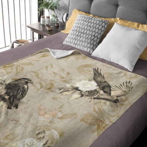 Vintage Goth Decoupage Crow Raven  Monochromatic  Fleece Blanket