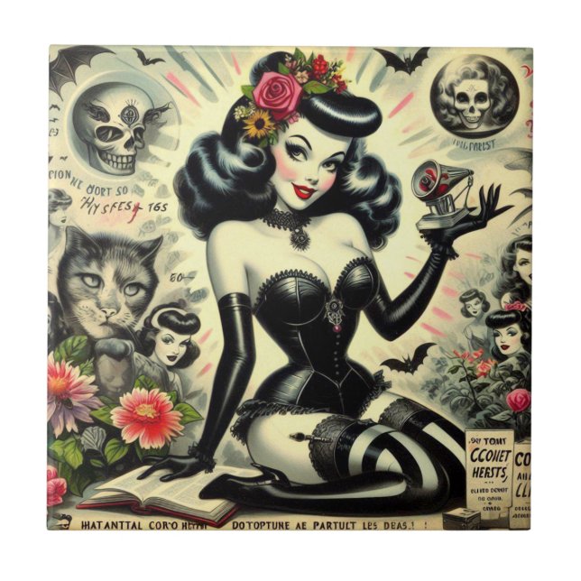 Vintage Goth Girl Illustration Ceramic Tile (Front)