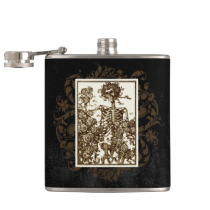 Vintage goth illustration skeleton picking roses, flask