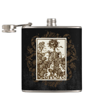 Vintage goth illustration skeleton picking roses, flask