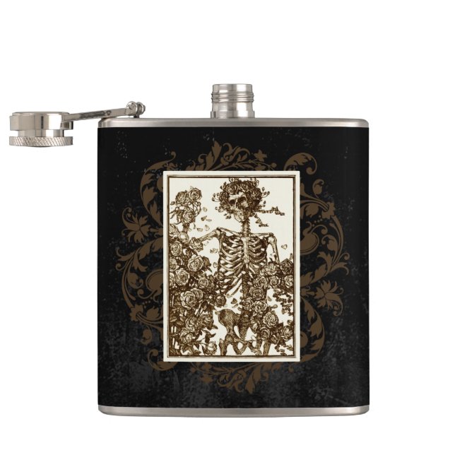 Vintage goth illustration skeleton picking roses, flask (Opened)