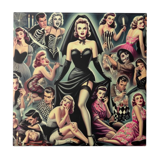 Vintage Goth Pin-Ups Ceramic Tile (Front)