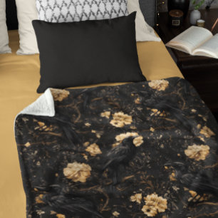 Vintage Goth Raven Crow Roses Fleece Blanket
