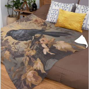 Vintage Goth Raven in a Rose Bush Gold Fleece Blanket