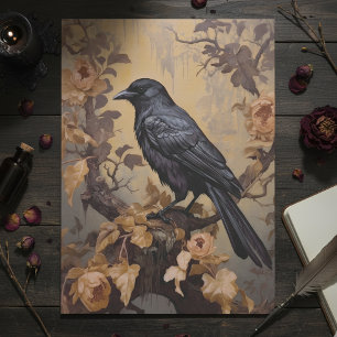 Vintage Goth Raven in a Rose Bush Gold Tissue Paper