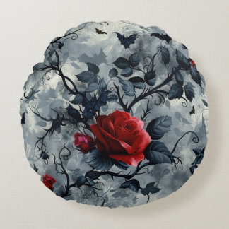 Vintage Goth Roses & Bats Pattern Round Pillow