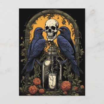 Vintage Goth Skeleton Skull Raven Poison Halloween Postcard by WillowTreePrints at Zazzle