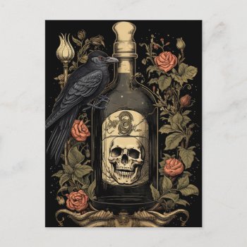 Vintage Goth Skeleton Skull Raven Poison Halloween Postcard by WillowTreePrints at Zazzle