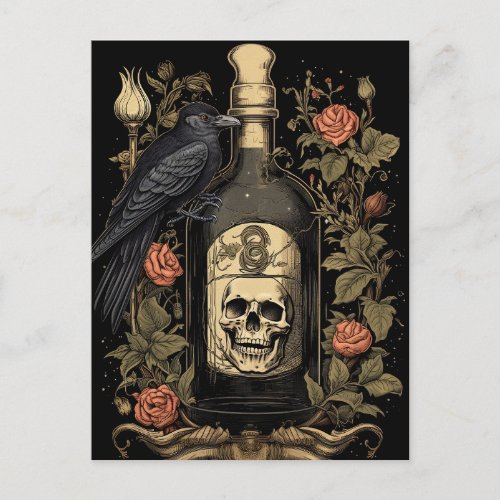 Vintage Goth Skeleton Skull Raven Poison Halloween Postcard