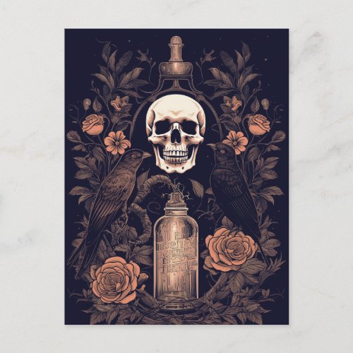 Vintage Goth Skeleton Skull Raven Poison Halloween Postcard