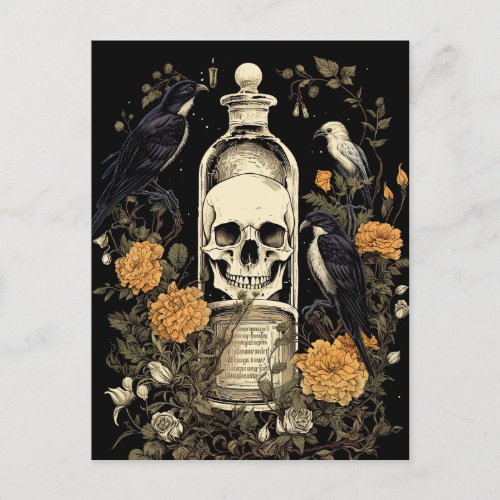 Vintage Goth Skeleton Skull Raven Poison Halloween Postcard